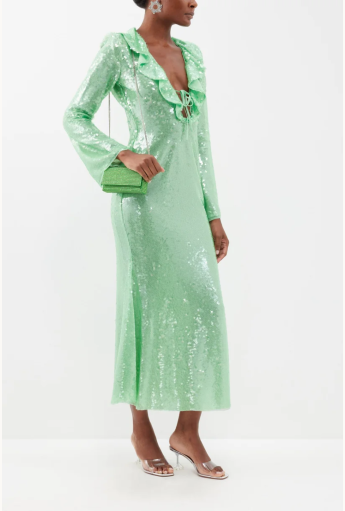 Green Ruffle-trim Sequinned Dress Rent B